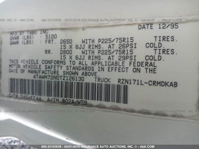 4TAWM72N0TZ126130 - 1996 TOYOTA TACOMA XTRACAB WHITE photo 9