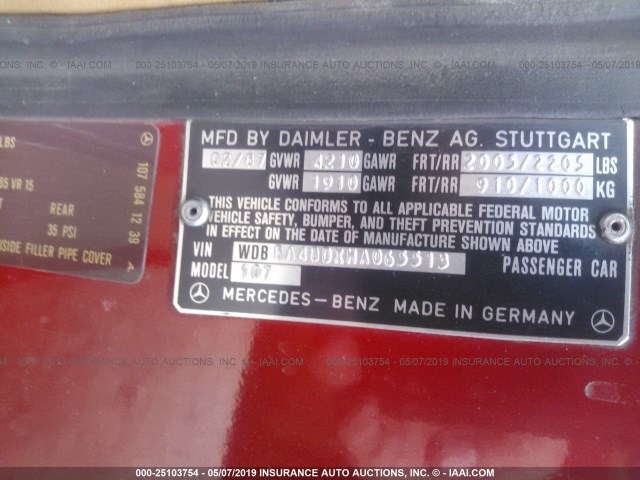 WDBBA48DXHA065513 - 1987 MERCEDES-BENZ 560 SL RED photo 9