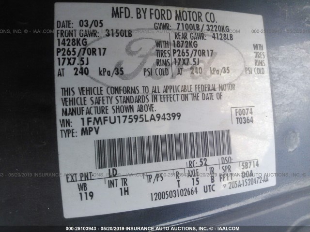 1FMFU17595LA94399 - 2005 FORD EXPEDITION EDDIE BAUER BLUE photo 9