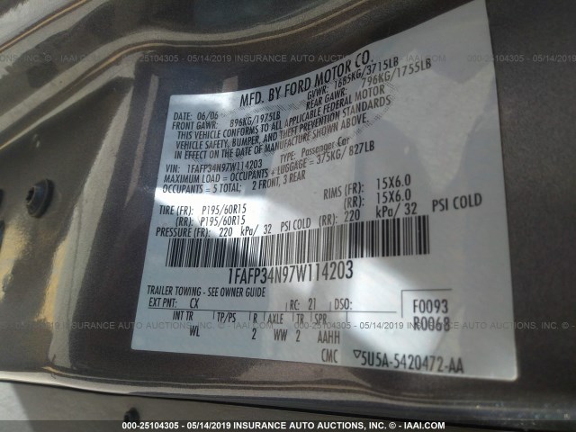 1FAFP34N97W114203 - 2007 FORD FOCUS ZX4/S/SE/SES ნაცრისფერი ფოტო 9