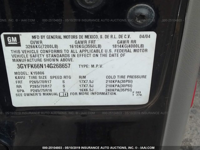 3GYFK66N14G268657 - 2004 CADILLAC ESCALADE ESV BLACK photo 9