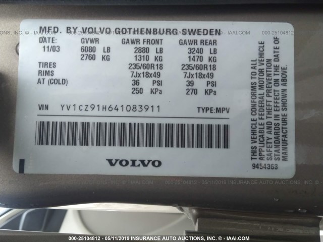 YV1CZ91H641083911 - 2004 VOLVO XC90 T6 GOLD photo 9