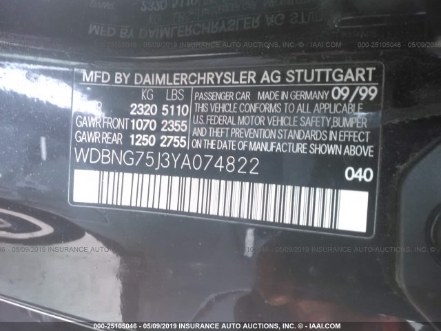 WDBNG75J3YA074822 - 2000 MERCEDES-BENZ S 500 BLACK photo 9