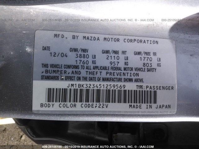 JM1BK323451259569 - 2005 MAZDA 3 S GRAY photo 9