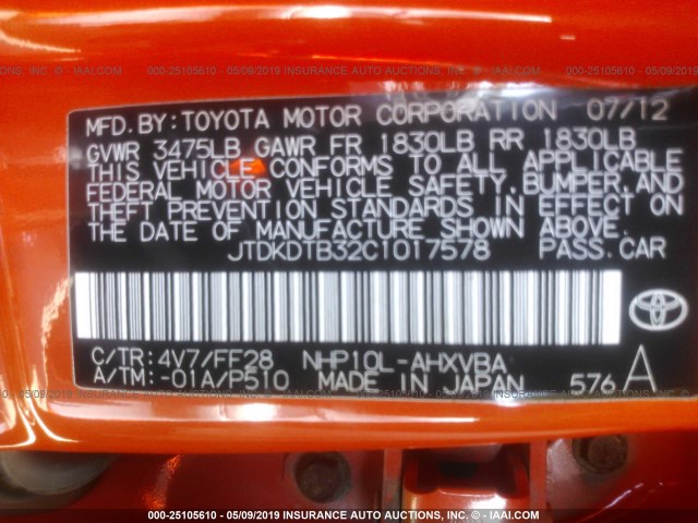 JTDKDTB32C1017578 - 2012 TOYOTA PRIUS C ORANGE photo 9