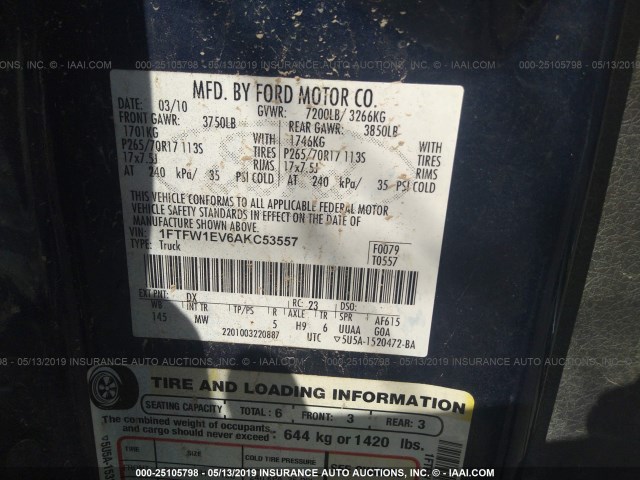 1FTFW1EV6AKC53557 - 2010 FORD F150 SUPERCREW BLUE photo 9