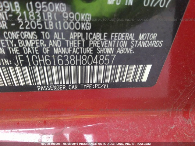 JF1GH61638H804857 - 2008 SUBARU IMPREZA 2.5I RED photo 9