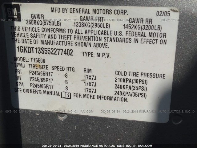 1GKDT13S552277402 - 2005 GMC ENVOY SILVER photo 9