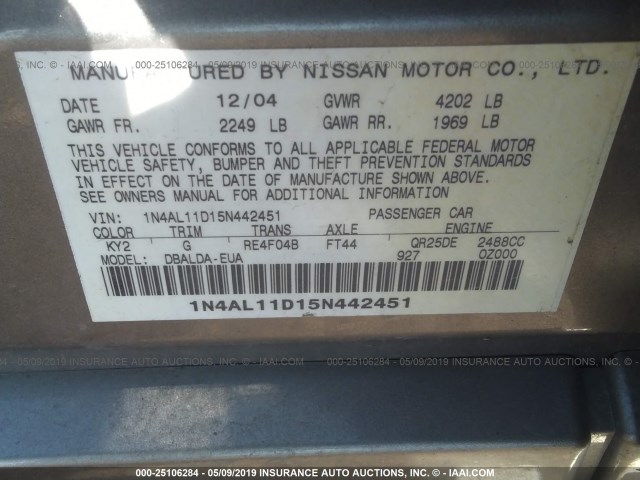 1N4AL11D15N442451 - 2005 NISSAN ALTIMA S/SL BROWN photo 9