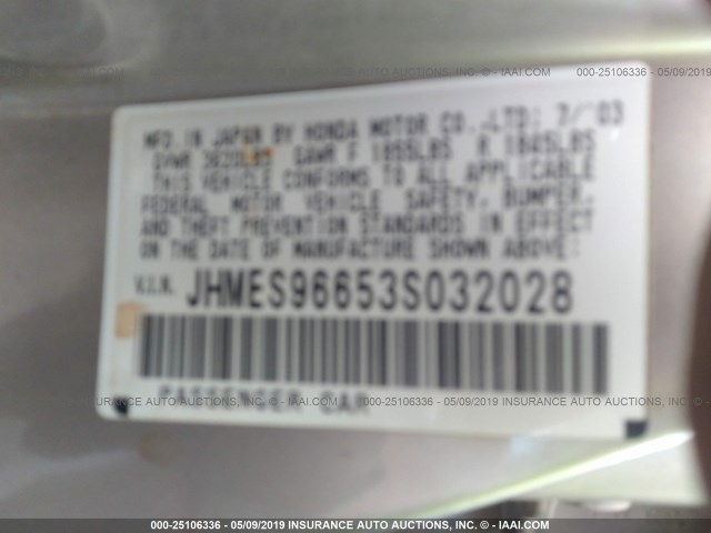 JHMES96653S032028 - 2003 HONDA CIVIC GOLD photo 9