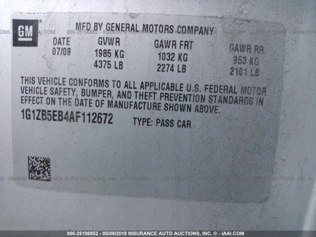 1G1ZB5EB4AF112672 - 2010 CHEVROLET MALIBU LS SILVER photo 9