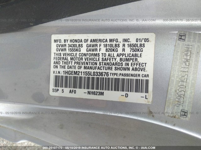 1HGEM21155L033676 - 2005 HONDA CIVIC DX VP Gümüş foto 9