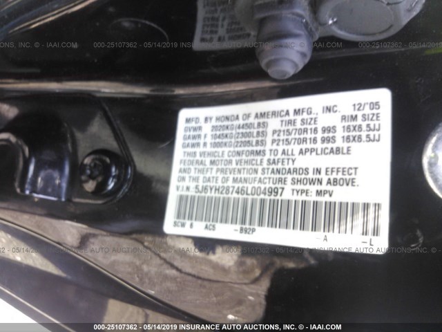 5J6YH28746L004997 - 2006 HONDA ELEMENT EX BLACK photo 9