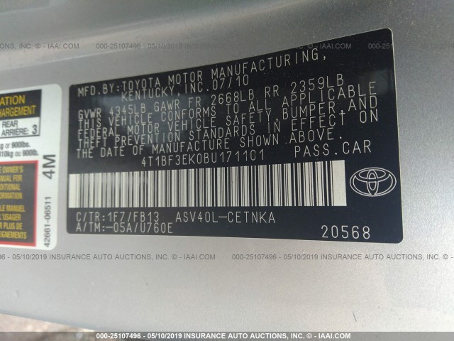 4T1BF3EK0BU171101 - 2011 TOYOTA CAMRY SE/LE/XLE SILVER photo 9