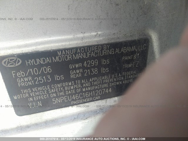 5NPEU46C16H120744 - 2006 HYUNDAI SONATA GLS/LX SILVER photo 9