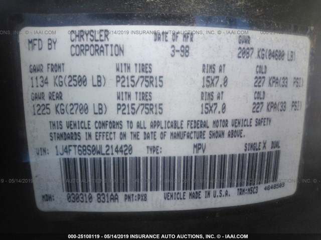 1J4FT68S0WL214420 - 1998 JEEP CHEROKEE SPORT/CLASSIC შავი ფოტო 9