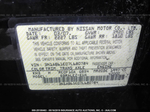 3N1AB61E07L680784 - 2007 NISSAN SENTRA 2.0/2.0S/2.0SL BLACK photo 9