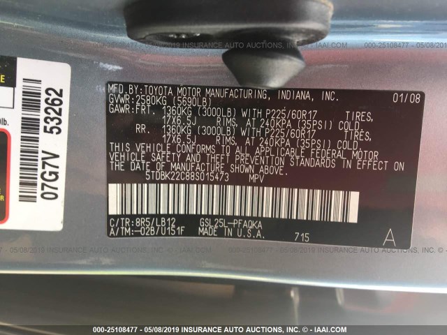 5TDBK22C88S015473 - 2008 TOYOTA SIENNA XLE/XLE LIMITED BLUE photo 9