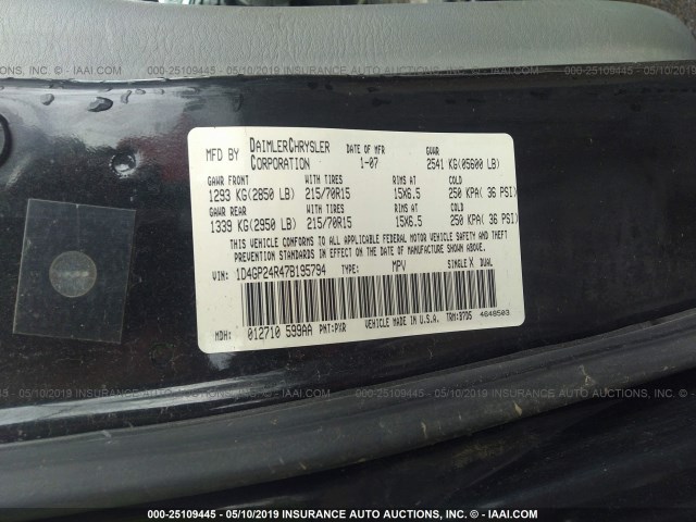 1D4GP24R47B195794 - 2007 DODGE GRAND CARAVAN SE BLACK photo 9