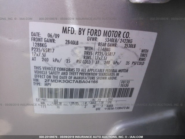 2FMDK3GC7ABA04166 - 2010 FORD EDGE SE SILVER photo 9