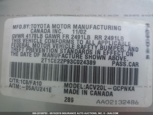 2T1CE22P93C024389 - 2003 TOYOTA CAMRY SOLARA SE SILVER photo 9