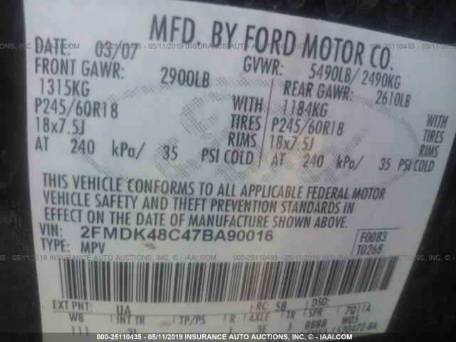 2FMDK48C47BA90016 - 2007 FORD EDGE SEL BLACK photo 9