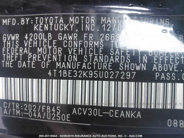 4T1BE32K95U027297 - 2005 TOYOTA CAMRY LE/XLE/SE BLACK photo 9