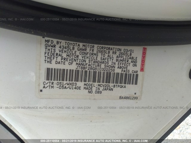 JT8BF28G810322258 - 2001 LEXUS ES 300 WHITE photo 9