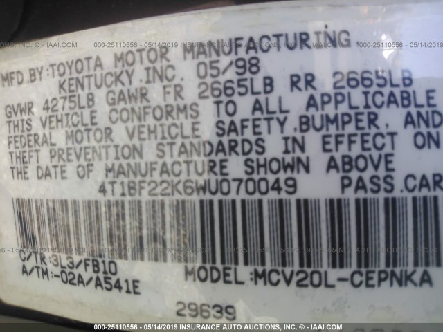 4T1BF22K6WU070049 - 1998 TOYOTA CAMRY CE/LE/XLE RED photo 9