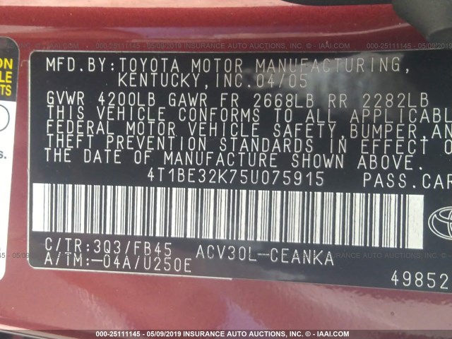 4T1BE32K75U075915 - 2005 TOYOTA CAMRY LE/XLE/SE MAROON photo 9