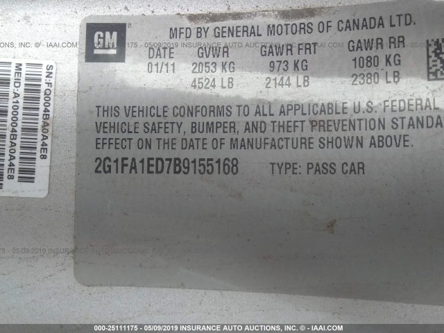 2G1FA1ED7B9155168 - 2011 CHEVROLET CAMARO LS SILVER photo 9