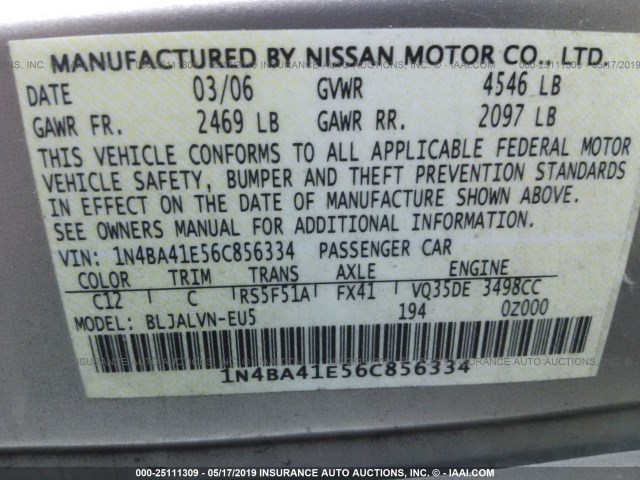 1N4BA41E56C856334 - 2006 NISSAN MAXIMA SE/SL CREAM photo 9