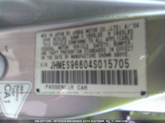 JHMES96604S015705 - 2004 HONDA CIVIC HYBRID GRAY photo 9