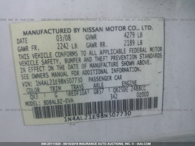 1N4AL21E98N507730 - 2008 NISSAN ALTIMA 2.5/2.5S WHITE photo 9