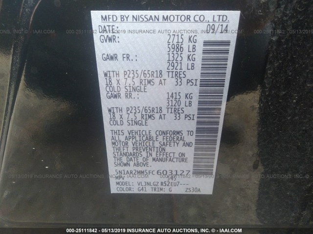 5N1AR2MM5FC603127 - 2015 NISSAN PATHFINDER S/SV/SL/PLATINUM BLACK photo 9