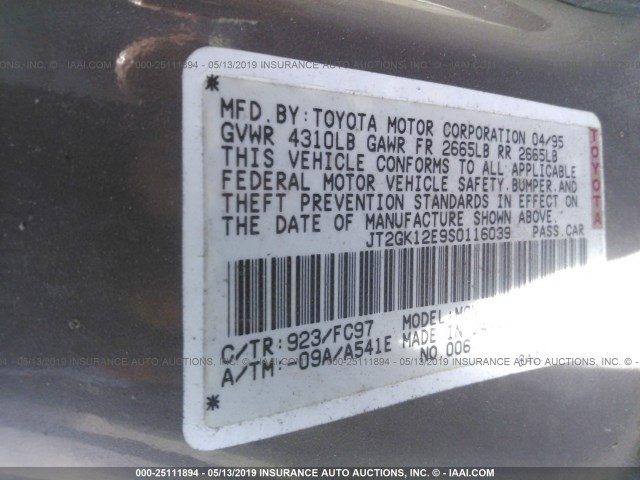 JT2GK12E9S0116039 - 1995 TOYOTA CAMRY LE GRAY photo 9