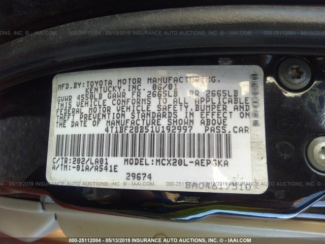 4T1BF28B51U192997 - 2001 TOYOTA AVALON XL/XLS BLACK photo 9