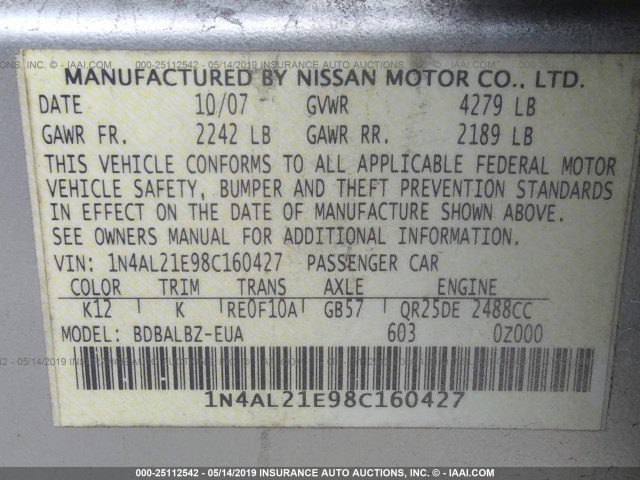 1N4AL21E98C160427 - 2008 NISSAN ALTIMA 2.5/2.5S SILVER photo 9