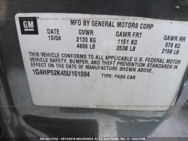 1G4HP52K45U161084 - 2005 BUICK LESABRE CUSTOM GRAY photo 9