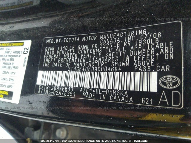2T1GE40E09C004684 - 2009 TOYOTA COROLLA MATRIX XRS BLACK photo 9