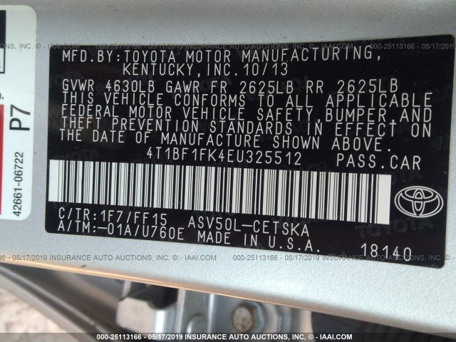 4T1BF1FK4EU325512 - 2014 TOYOTA CAMRY L/SE/LE/XLE 银色 照片 9