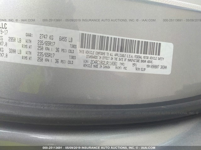 2C4RC1BG2JR110361 - 2018 CHRYSLER PACIFICA TOURING L SILVER photo 9