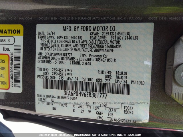 3FA6P0H96ER381777 - 2014 FORD FUSION SE ნაცრისფერი ფოტო 9