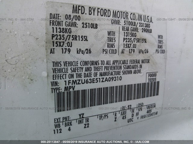 1FMZU63E51ZA09310 - 2001 FORD EXPLORER XLT WHITE photo 9