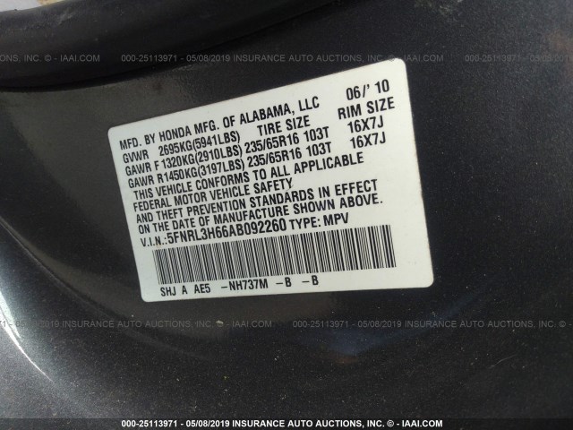 5FNRL3H66AB092260 - 2010 HONDA ODYSSEY EXL GRAY photo 9