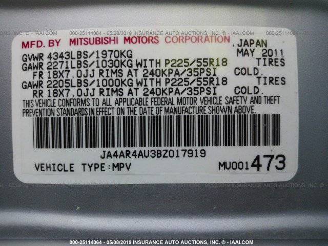 JA4AR4AU3BZ017919 - 2011 MITSUBISHI OUTLANDER SPORT  SILVER photo 9