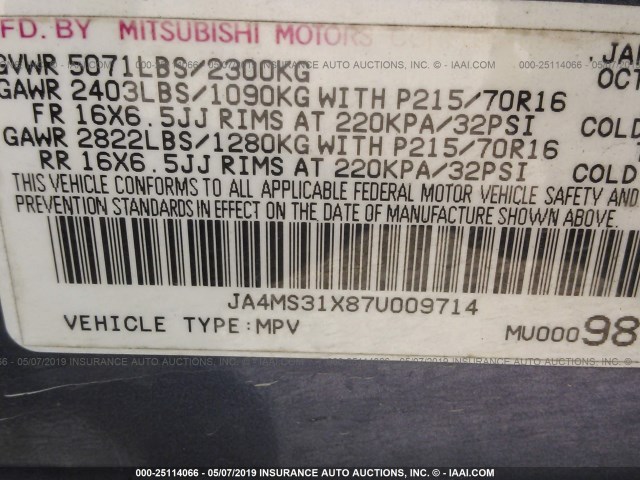 JA4MS31X87U009714 - 2007 MITSUBISHI OUTLANDER ES/LS Dark Blue photo 9