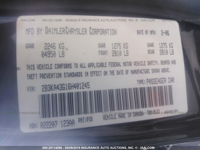 2B3KA43G16H401245 - 2006 DODGE CHARGER SE/SXT BLACK photo 9