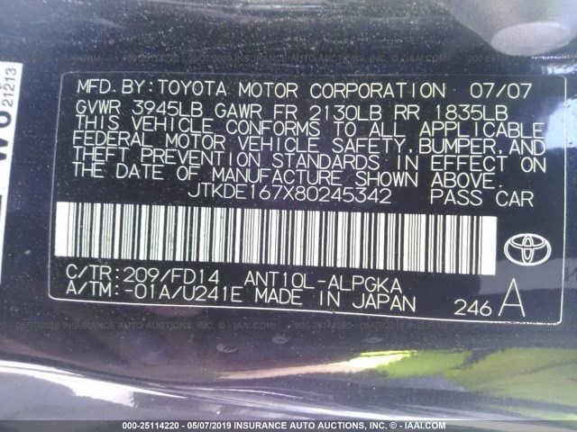 JTKDE167X80245342 - 2008 TOYOTA SCION TC BLACK photo 9