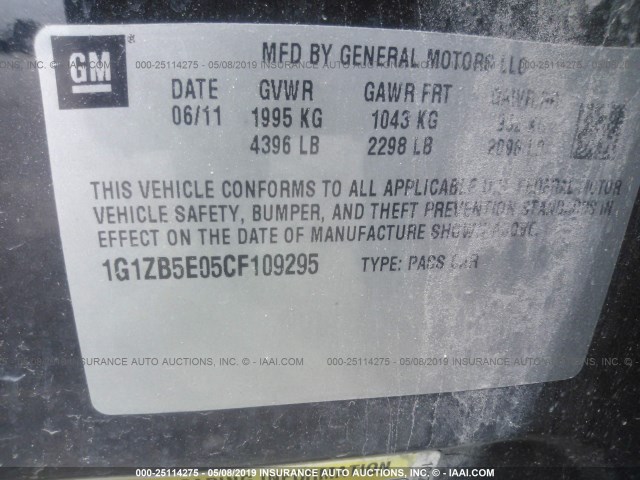 1G1ZB5E05CF109295 - 2012 CHEVROLET MALIBU LS BLACK photo 9